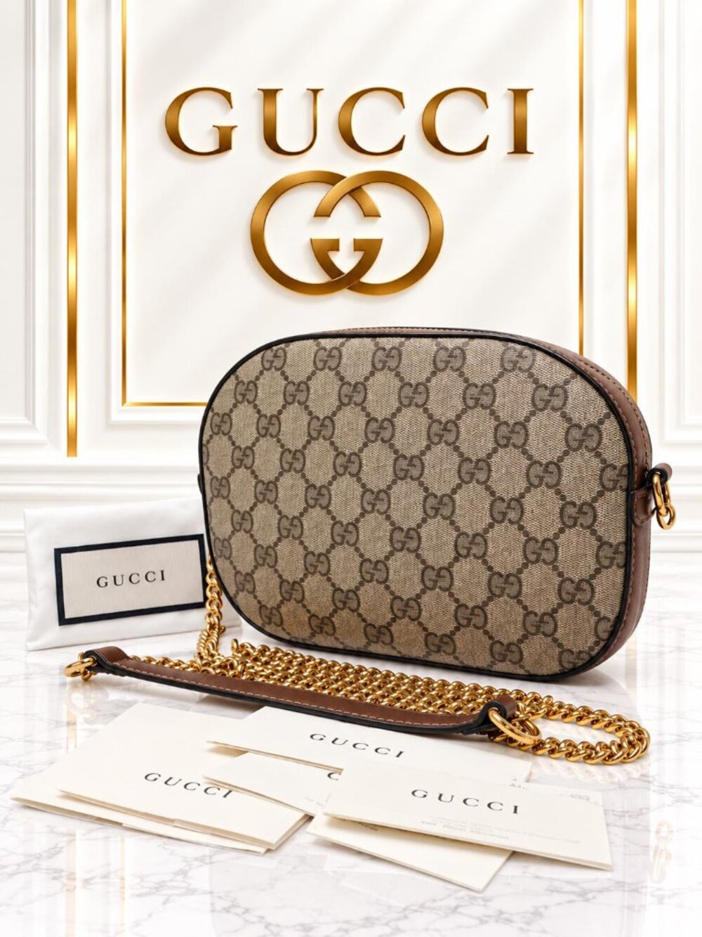 Authentic Gucci GG Supreme Ophidia Camera Crossbody Bag Gold Chain Brown Leather
